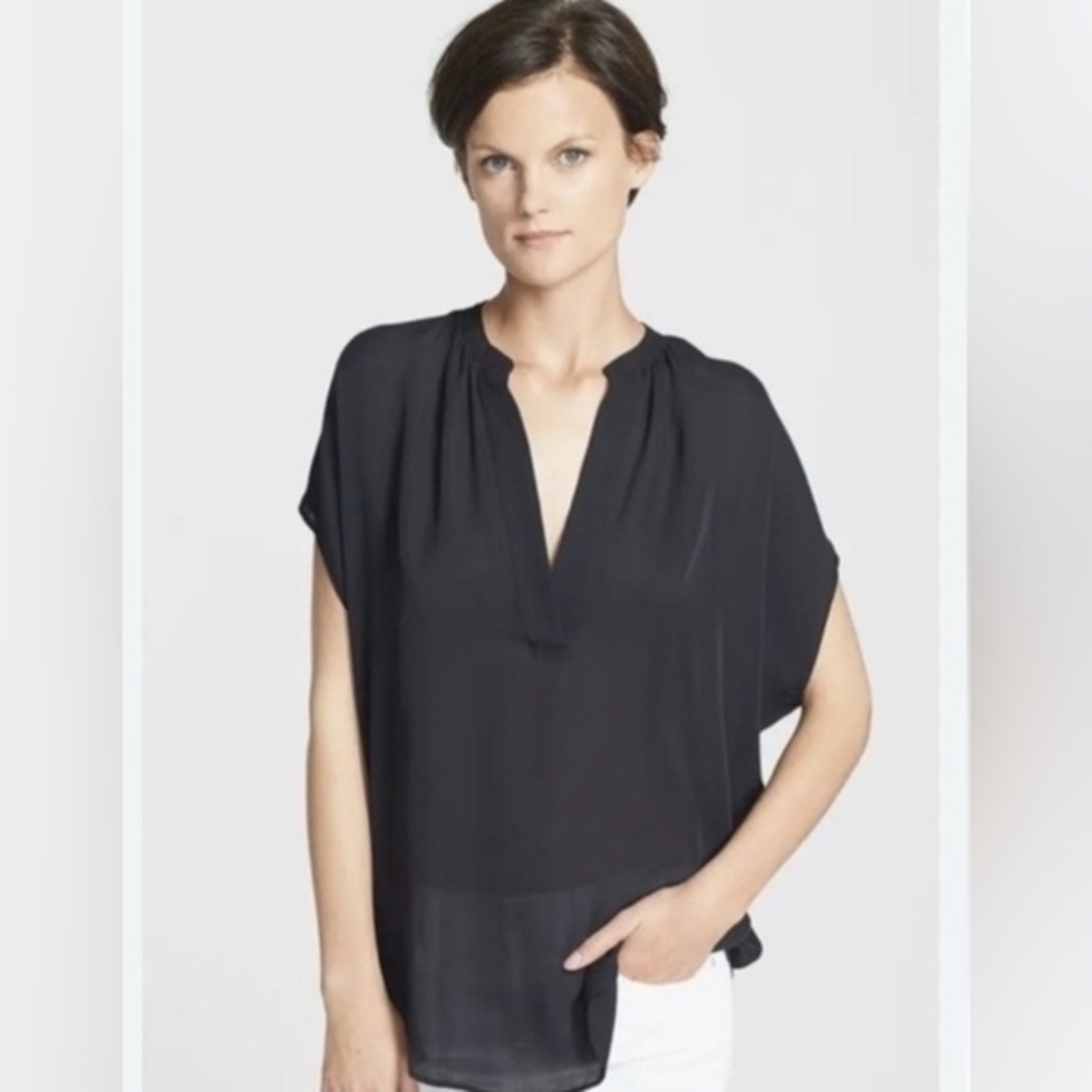Vince Sheer Silk Cap Dolman Popover Blouse Gray 100% silk